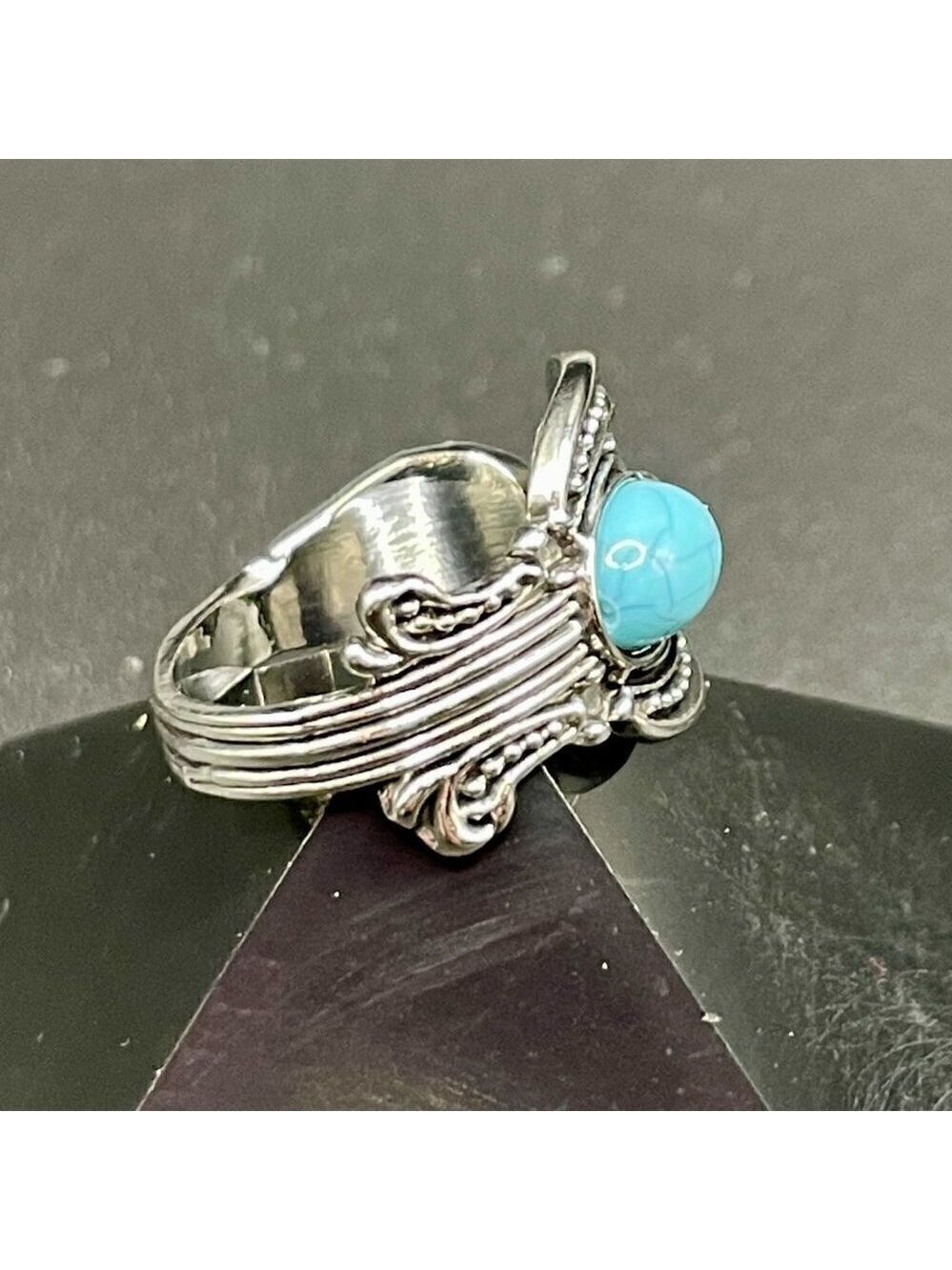 Boho Rose and Flowers with Faux Turquoise Adjustable Spoon Ring #1221 - Picture 8 of 16